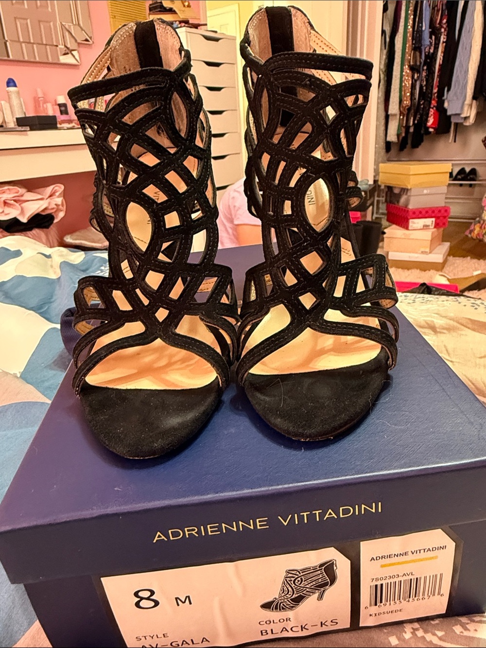 Adrienne Vittadini Black Cutout Cage High Heel Sandals
